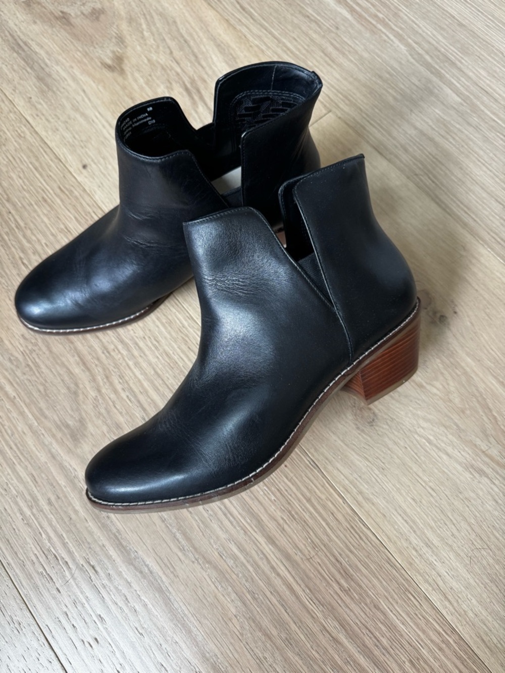 Cole Haan Black Leather Cutout Ankle Booties with Brown Stacked Heel